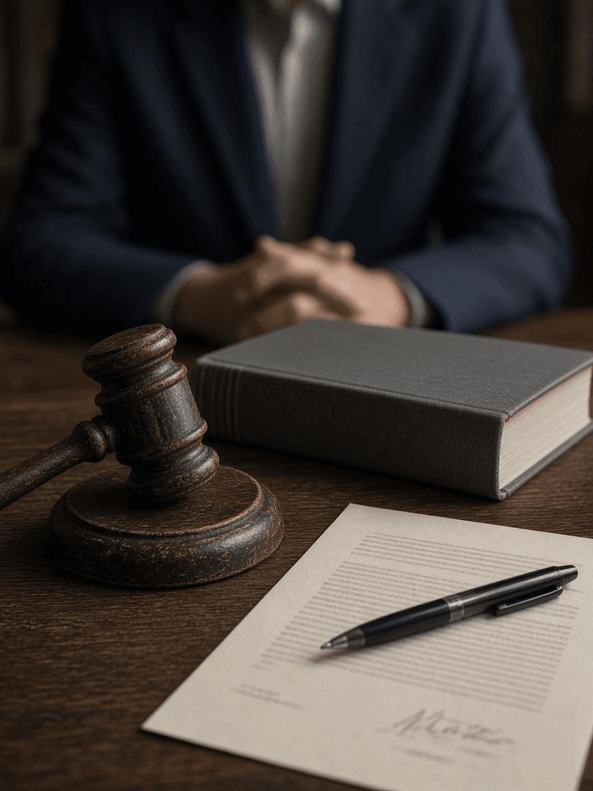 A gavel, bound rules, and a signed decision on an arbitrator's desk